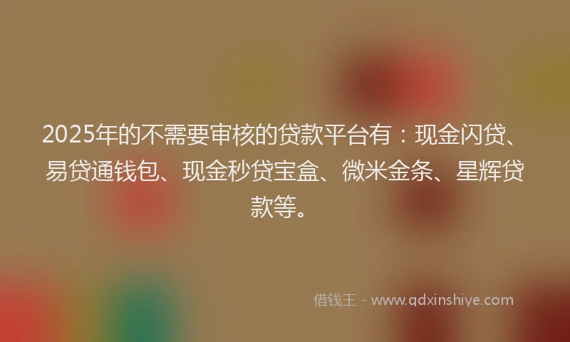 2025年的不需要审核的贷款平台有：现金闪贷、易贷通钱包、现金秒贷宝盒、微米金条、星辉贷款等。