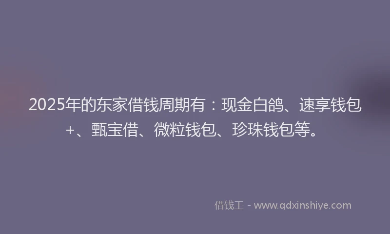 2025年的东家借钱周期有：现金白鸽、速享钱包+、甄宝借、微粒钱包、珍珠钱包等。