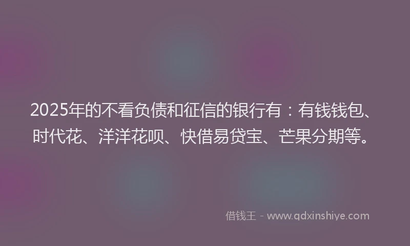 2025年的不看负债和征信的银行有：有钱钱包、时代花、洋洋花呗、快借易贷宝、芒果分期等。