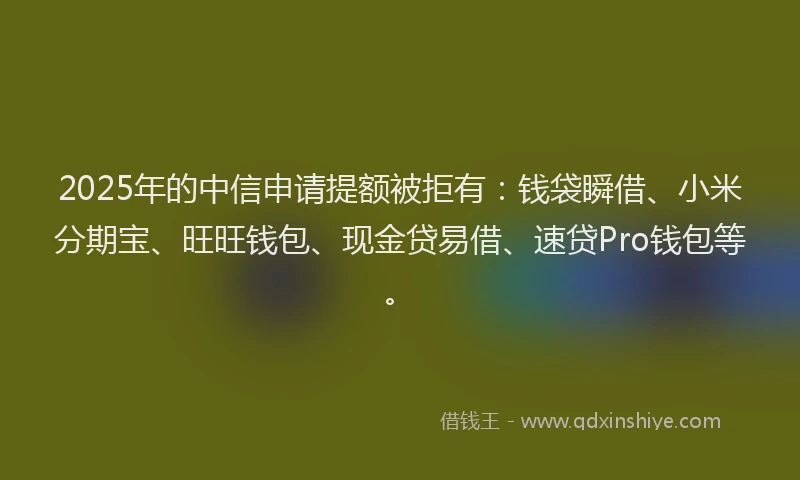2025年的中信申请提额被拒有:钱袋瞬借、小米分期宝、旺旺钱包、现金贷易借、速贷Pro钱包等。