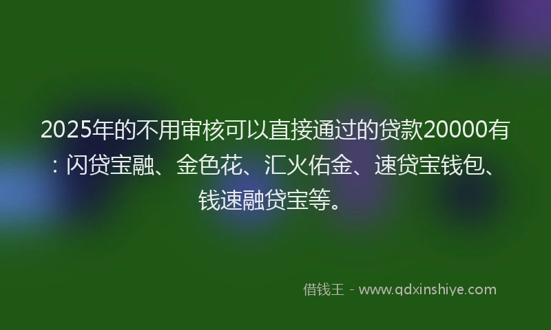 2025年的不用审核可以直接通过的贷款20000有：闪贷宝融、金色花、汇火佑金、速贷宝钱包、钱速融贷宝等。