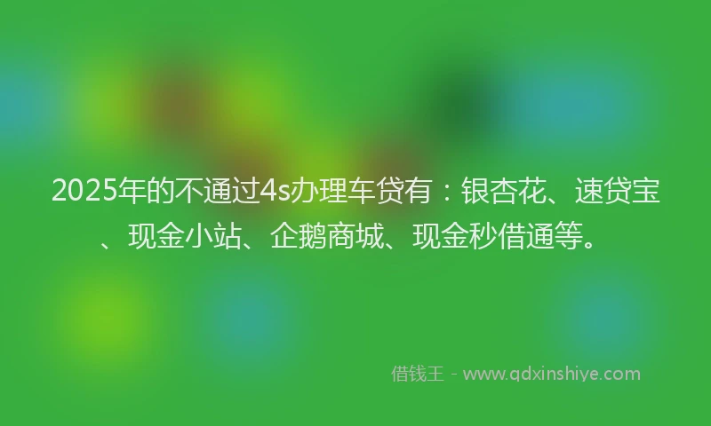 2025年的不通过4s办理车贷有：银杏花、速贷宝、现金小站、企鹅商城、现金秒借通等。