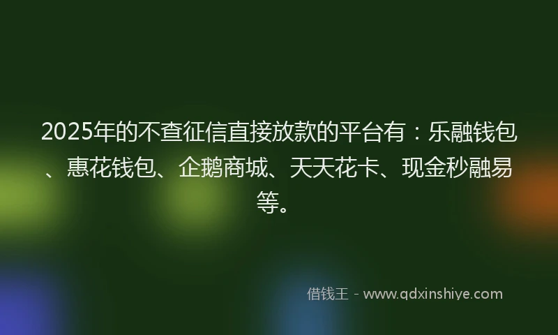 2025年的不查征信直接放款的平台有：乐融钱包、惠花钱包、企鹅商城、天天花卡、现金秒融易等。
