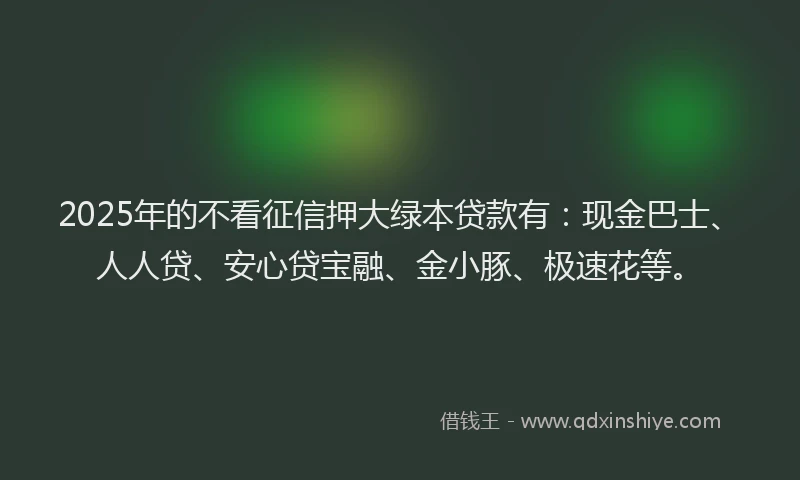 2025年的不看征信押大绿本贷款有：现金巴士、人人贷、安心贷宝融、金小豚、极速花等。