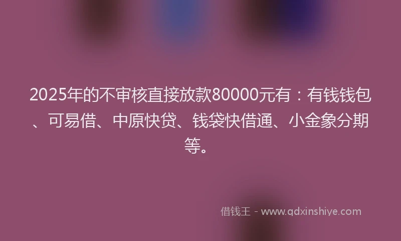 2025年的不审核直接放款80000元有：有钱钱包、可易借、中原快贷、钱袋快借通、小金象分期等。