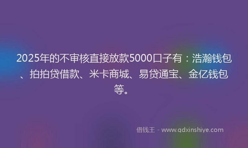 2025年的不审核直接放款5000口子有：浩瀚钱包、拍拍贷借款、米卡商城、易贷通宝、金亿钱包等。
