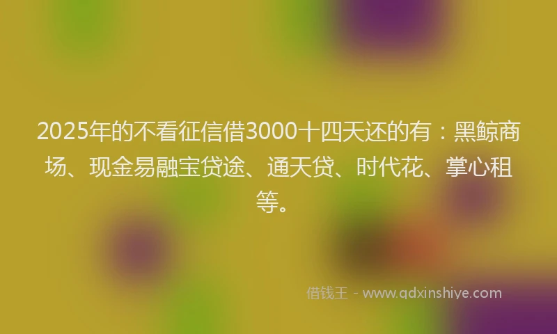 2025年的不看征信借3000十四天还的有：黑鲸商场、现金易融宝贷途、通天贷、时代花、掌心租等。