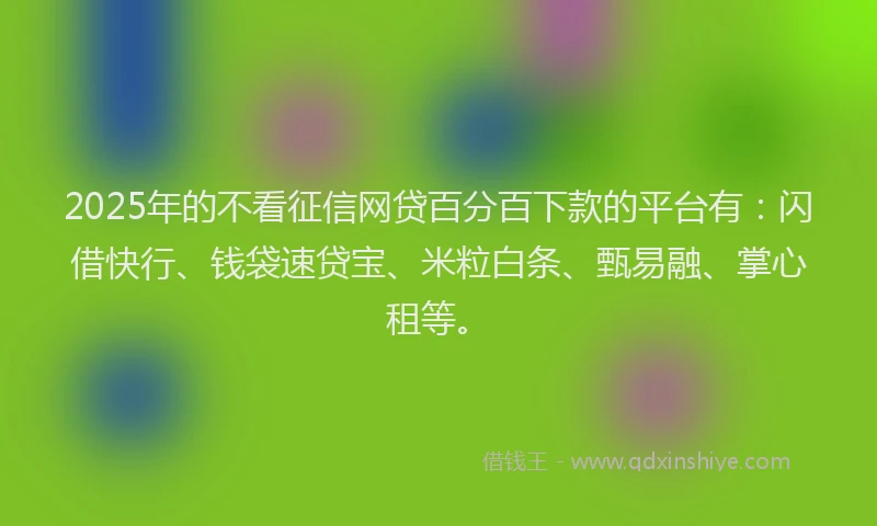 2025年的不看征信网贷百分百下款的平台有：闪借快行、钱袋速贷宝、米粒白条、甄易融、掌心租等。