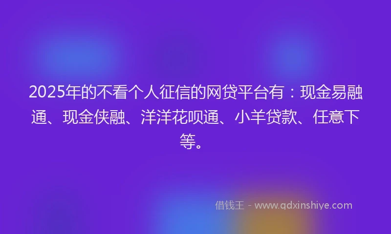 2025年的不看个人征信的网贷平台有：现金易融通、现金侠融、洋洋花呗通、小羊贷款、任意下等。