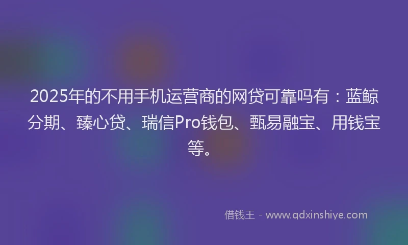 2025年的不用手机运营商的网贷可靠吗有：蓝鲸分期、臻心贷、瑞信Pro钱包、甄易融宝、用钱宝等。