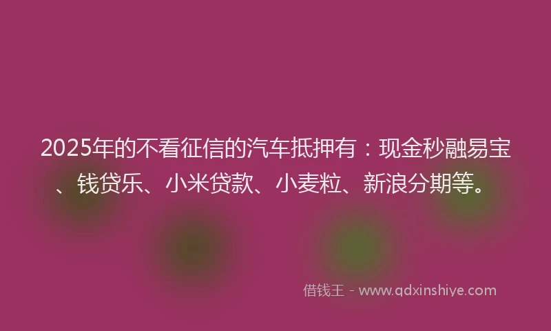 2025年的不看征信的汽车抵押有：现金秒融易宝、钱贷乐、小米贷款、小麦粒、新浪分期等。
