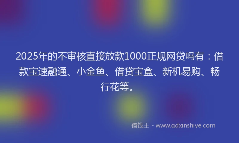 2025年的不审核直接放款1000正规网贷吗有：借款宝速融通、小金鱼、借贷宝盒、新机易购、畅行花等。
