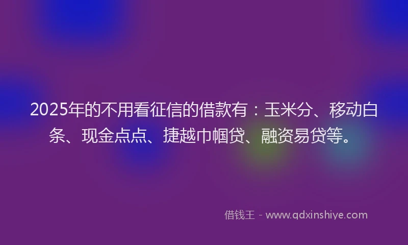 2025年的不用看征信的借款有：玉米分、移动白条、现金点点、捷越巾帼贷、融资易贷等。