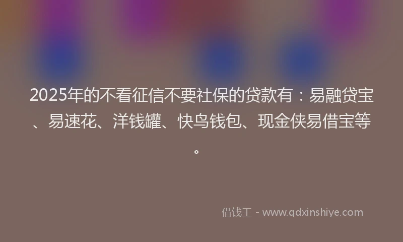 2025年的不看征信不要社保的贷款有：易融贷宝、易速花、洋钱罐、快鸟钱包、现金侠易借宝等。