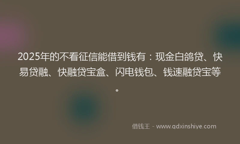 2025年的不看征信能借到钱有：现金白鸽贷、快易贷融、快融贷宝盒、闪电钱包、钱速融贷宝等。