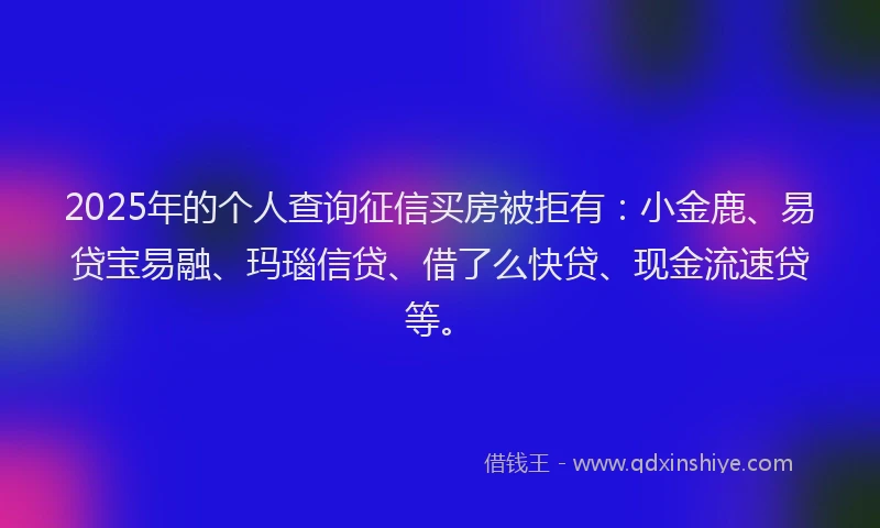 2025年的个人查询征信买房被拒有：小金鹿、易贷宝易融、玛瑙信贷、借了么快贷、现金流速贷等。