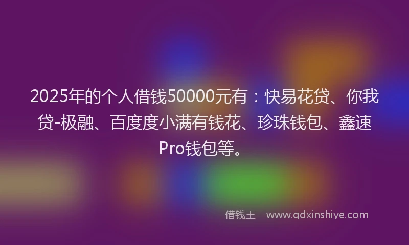 2025年的个人借钱50000元有：快易花贷、你我贷-极融、百度度小满有钱花、珍珠钱包、鑫速Pro钱包等。