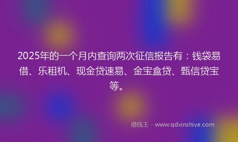 2025年的一个月内查询两次征信报告有：钱袋易借、乐租机、现金贷速易、金宝盒贷、甄信贷宝等。