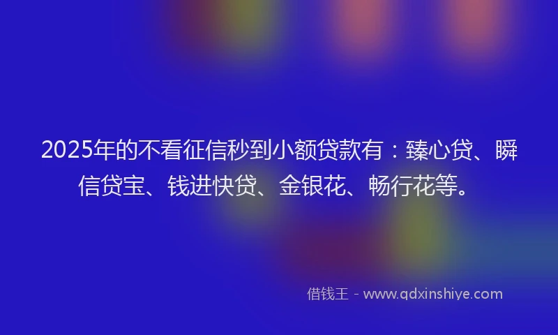 2025年的不看征信秒到小额贷款有：臻心贷、瞬信贷宝、钱进快贷、金银花、畅行花等。