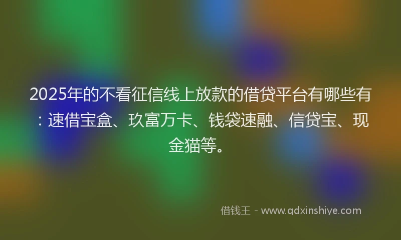 2025年的不看征信线上放款的借贷平台有哪些有：速借宝盒、玖富万卡、钱袋速融、信贷宝、现金猫等。