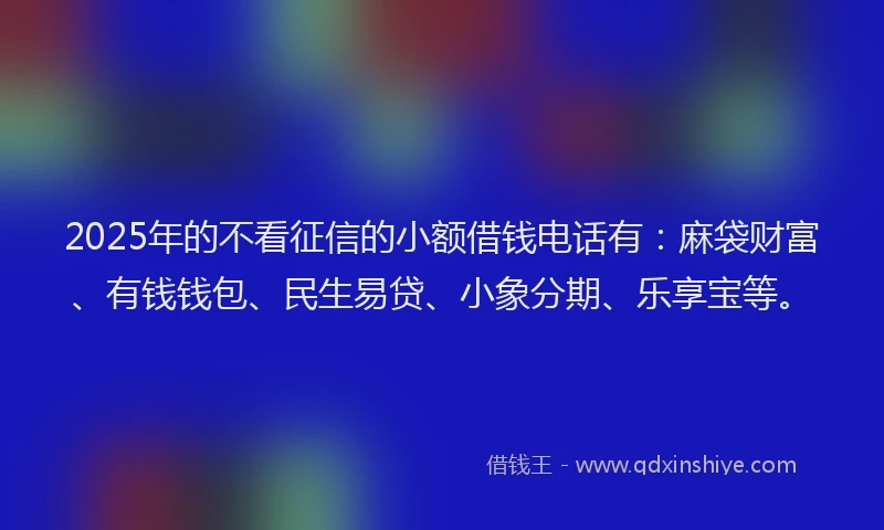 2025年的不看征信的小额借钱电话有：麻袋财富、有钱钱包、民生易贷、小象分期、乐享宝等。