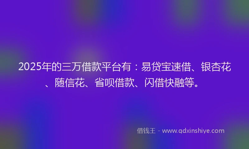 2025年的三万借款平台有：易贷宝速借、银杏花、随信花、省呗借款、闪借快融等。
