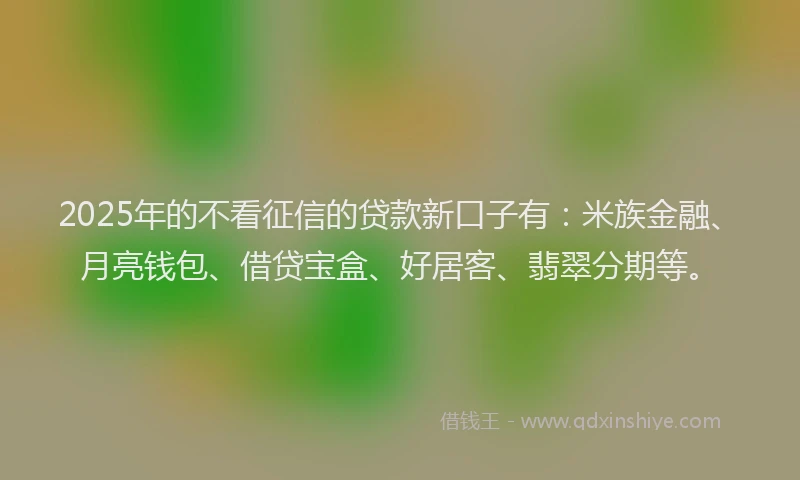 2025年的不看征信的贷款新口子有：米族金融、月亮钱包、借贷宝盒、好居客、翡翠分期等。