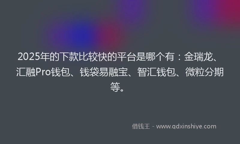 2025年的下款比较快的平台是哪个有：金瑞龙、汇融Pro钱包、钱袋易融宝、智汇钱包、微粒分期等。