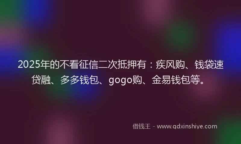 2025年的不看征信二次抵押有：疾风购、钱袋速贷融、多多钱包、gogo购、金易钱包等。