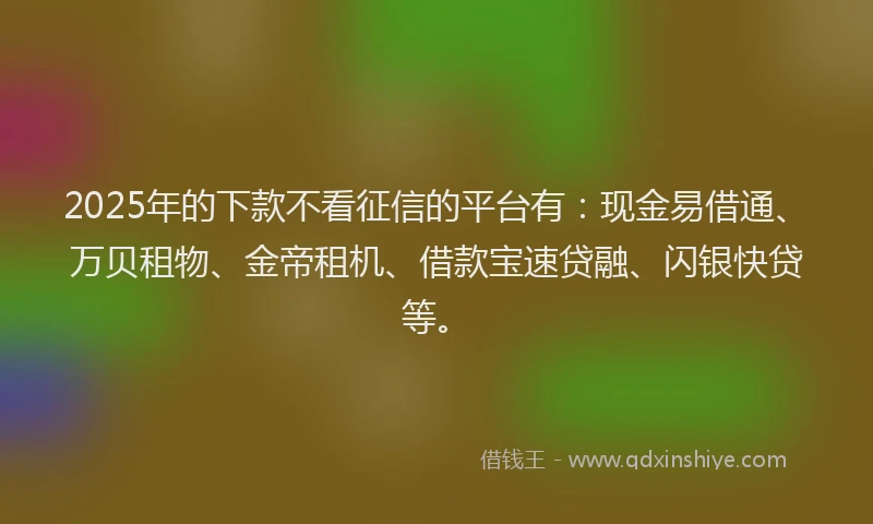 2025年的下款不看征信的平台有：现金易借通、万贝租物、金帝租机、借款宝速贷融、闪银快贷等。