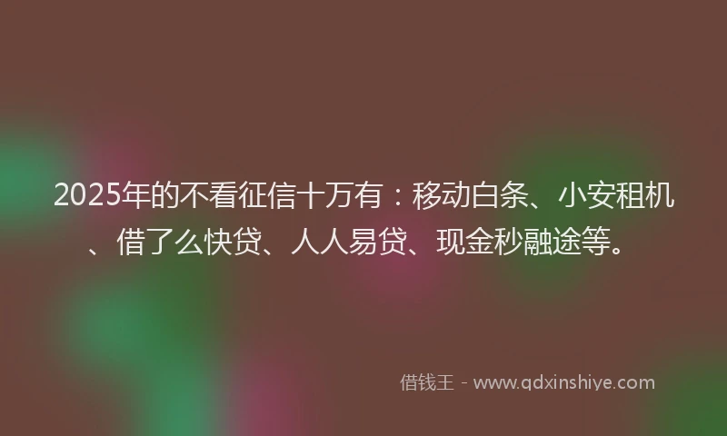 2025年的不看征信十万有：移动白条、小安租机、借了么快贷、人人易贷、现金秒融途等。