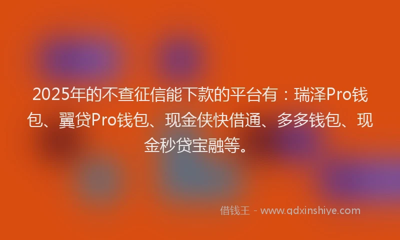 2025年的不查征信能下款的平台有：瑞泽Pro钱包、翼贷Pro钱包、现金侠快借通、多多钱包、现金秒贷宝融等。
