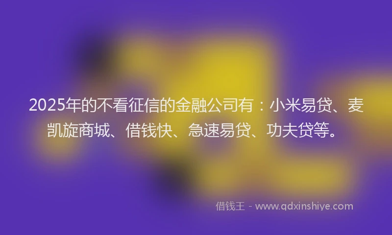 2025年的不看征信的金融公司有：小米易贷、麦凯旋商城、借钱快、急速易贷、功夫贷等。
