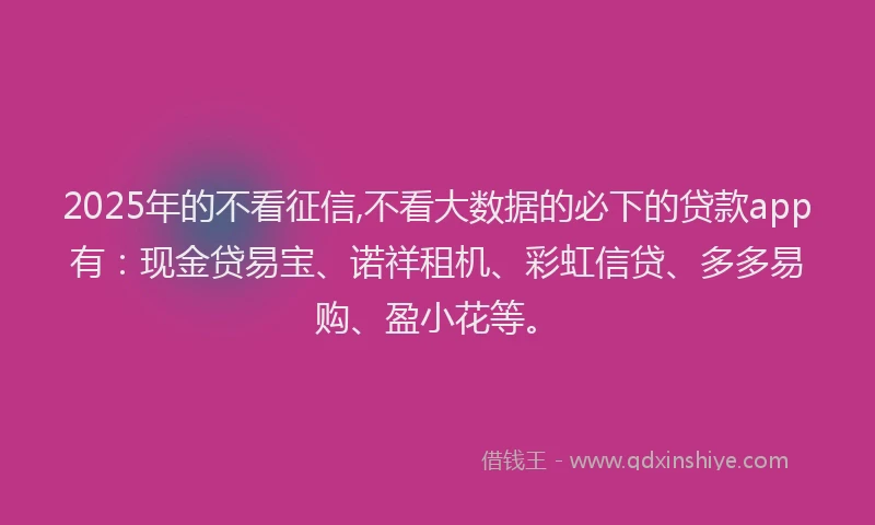 2025年的不看征信,不看大数据的必下的贷款app有：现金贷易宝、诺祥租机、彩虹信贷、多多易购、盈小花等。