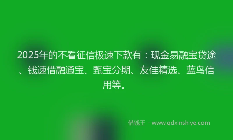 2025年的不看征信极速下款有：现金易融宝贷途、钱速借融通宝、甄宝分期、友佳精选、蓝鸟信用等。