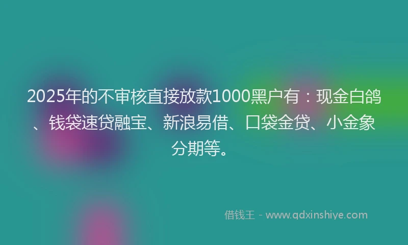 2025年的不审核直接放款1000黑户有：现金白鸽、钱袋速贷融宝、新浪易借、口袋金贷、小金象分期等。