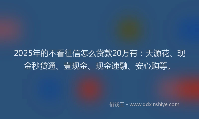 2025年的不看征信怎么贷款20万有：天源花、现金秒贷通、壹现金、现金速融、安心购等。