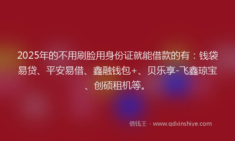 2025年的不用刷脸用身份证就能借款的有：钱袋易贷、平安易借、鑫融钱包+、贝乐享-飞鑫琼宝、创硕租机等。