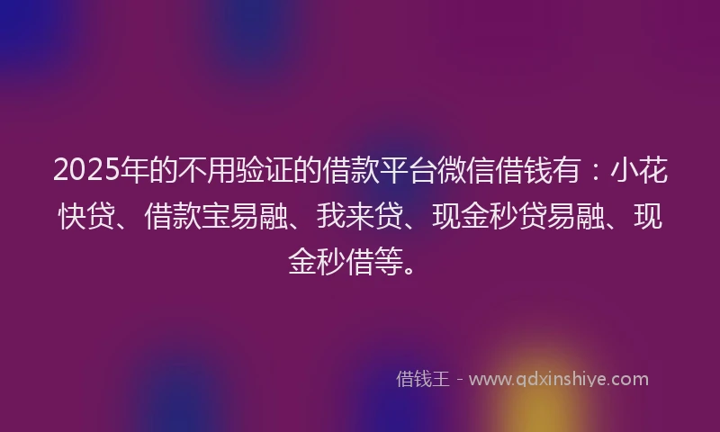 2025年的不用验证的借款平台微信借钱有：小花快贷、借款宝易融、我来贷、现金秒贷易融、现金秒借等。