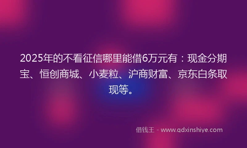 2025年的不看征信哪里能借6万元有：现金分期宝、恒创商城、小麦粒、沪商财富、京东白条取现等。