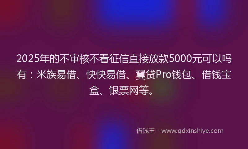 2025年的不审核不看征信直接放款5000元可以吗有：米族易借、快快易借、翼贷Pro钱包、借钱宝盒、银票网等。