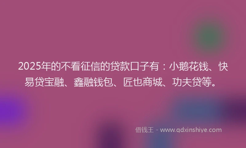 2025年的不看征信的贷款口子有:小鹅花钱、快易贷宝融、鑫融钱包、匠也商城、功夫贷等。