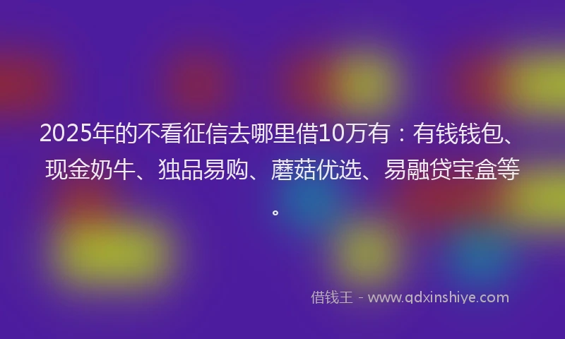 2025年的不看征信去哪里借10万有：有钱钱包、现金奶牛、独品易购、蘑菇优选、易融贷宝盒等。