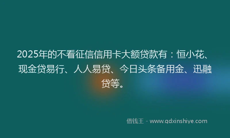 2025年的不看征信信用卡大额贷款有：恒小花、现金贷易行、人人易贷、今日头条备用金、迅融贷等。