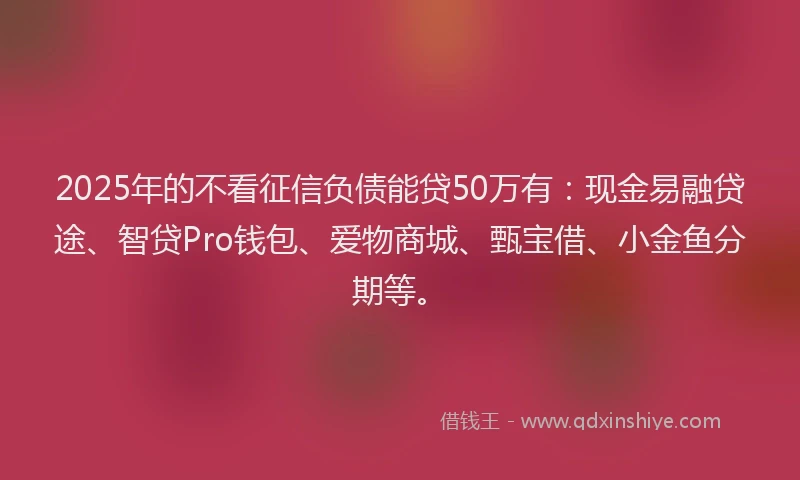 2025年的不看征信负债能贷50万有：现金易融贷途、智贷Pro钱包、爱物商城、甄宝借、小金鱼分期等。