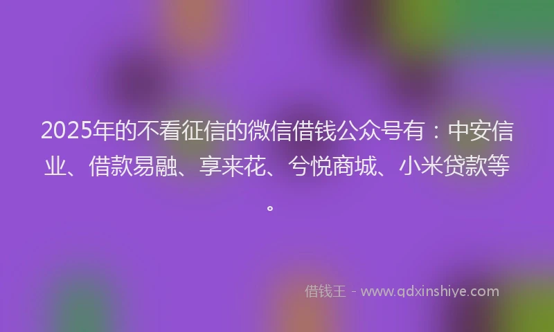 2025年的不看征信的微信借钱公众号有：中安信业、借款易融、享来花、兮悦商城、小米贷款等。