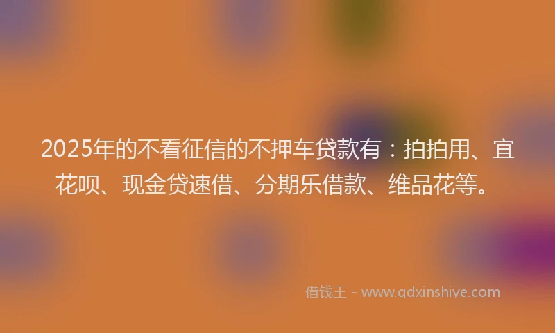2025年的不看征信的不押车贷款有：拍拍用、宜花呗、现金贷速借、分期乐借款、维品花等。