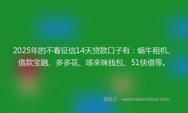 2025年的不看征信14天贷款口子有：蜗牛租机、借款宝融、多多花、哆来咪钱包、51快借等。