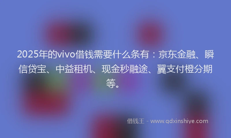 2025年的vivo借钱需要什么条有：京东金融、瞬信贷宝、中益租机、现金秒融途、翼支付橙分期等。