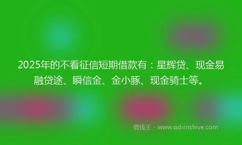 2025年的不看征信短期借款有：星辉贷、现金易融贷途、瞬信金、金小豚、现金骑士等。